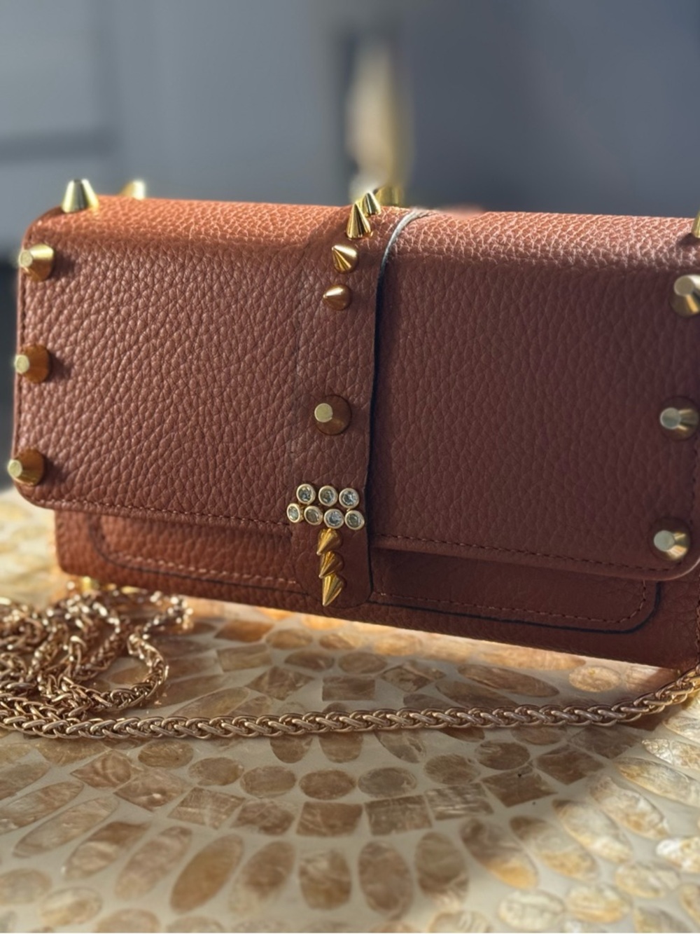 Studded Chestnut Leather Crossbody Bag with Chain Strap
